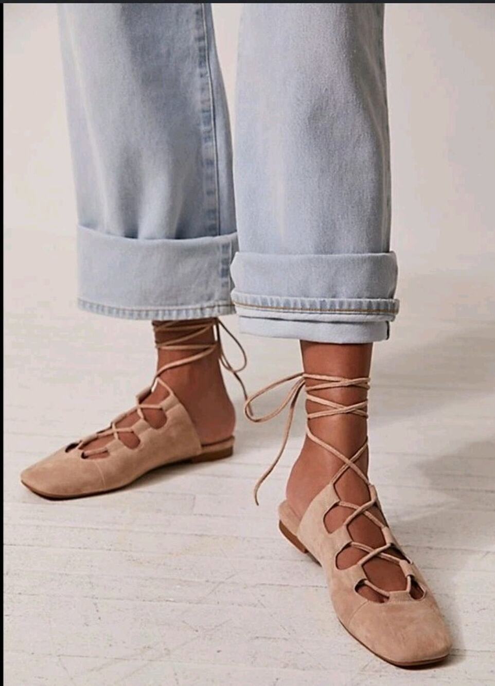 Jeffrey Campbell Sz 8.5 SERENITY Wrap Lace Up Flats Nude Sand Suede